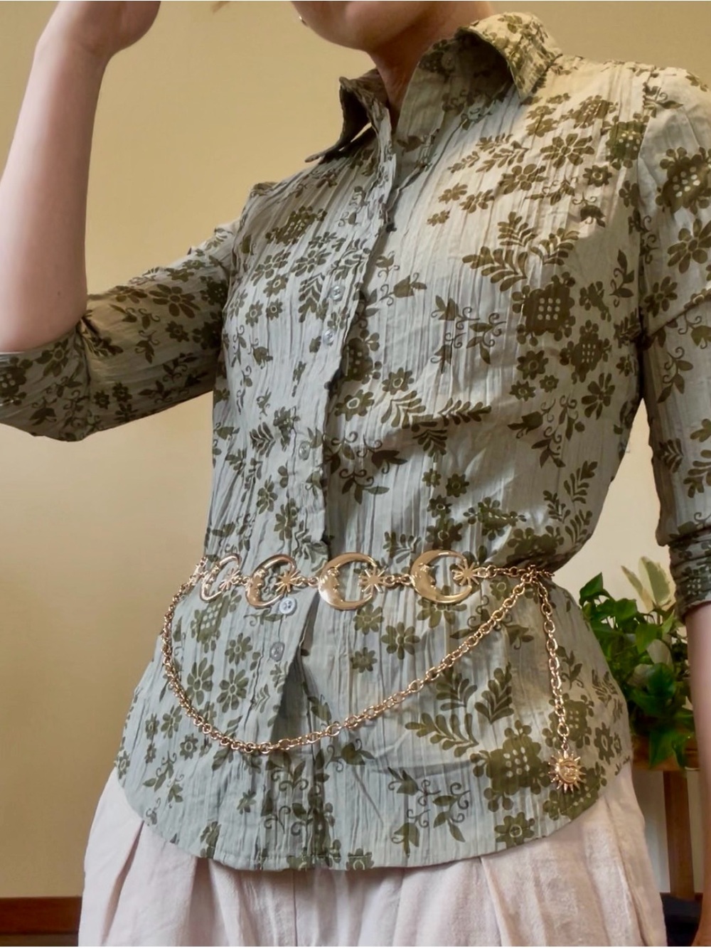 Whimsical Cotton Blend Green Floral Button Up Blouse